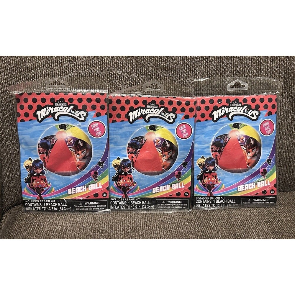 NWT Miraculous Ladybug 3-Pack Inflatable Swim Water Beach Balls Pool Floaties